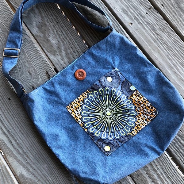 Large Tote/Crossbody Bag ~ Canvas Denim ~ Unisex ~ for Laptop/ School / Work / Yoga ~ Boho~ Handcrafted ~ Gift ~