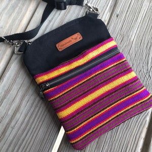 Mini Crossbody Canvas Bag ~ für Smartphone, Reisen, Ausweis, Bargeld ~ 2 Reißverschluss-Beutel-Tasche ~ 16,5 in x 8 in ~ Boho ~ Guatemalteken Stoff ~ Handgemacht