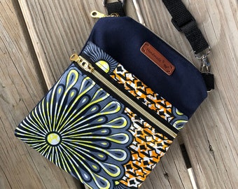 Mini Crossbody Canvas  Bag ~ for Smartphone ,Travel , ID , Cash ~ 2 Zipper Pouch Bag~ 6.5 in x 8 in ~ Handcrafted ~ Boho ~African Wax Cotton