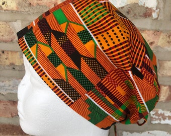 Kente Surgical Cap ~ Headscarf  ~  w/Buttons option ~ Scrub Hat ~ Medical / Chemo Head wear ~ Cotton  ~ Food Service ~