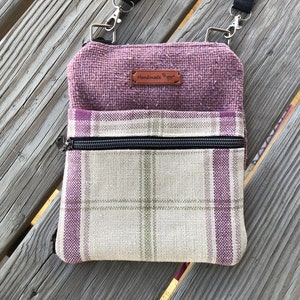 Mini-Umhängetasche ~ für Smartphone, Reise, Ausweis, Bargeld ~ 2 Reißverschlussbeutel Tasche ~ 16,5 in x 8 in ~ Handgefertigt ~ Boho ~ Vintage Tweed Leinen