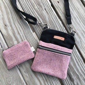 Passendes Set ~ Mini Umhängetasche & Münzbeutel ~ für Smartphone, Reise, Id, Bargeld ~ Handarbeit ~ Boho ~ Vintage Tweed Leinen