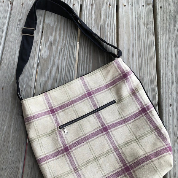 Large Tote/Crossbody Bag ~ Canvas~  Unisex ~ for Laptop/ School / Work / Yoga ~ Boho~ Handcrafted ~ Gift ~ Plaid Linen