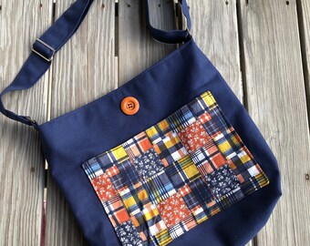 Large Tote/Crossbody Bag ~ Canvas ~ Unisex ~ for Laptop/ School / Work / Yoga ~ Boho~ Handcrafted ~ Gift ~ Plaid Blue