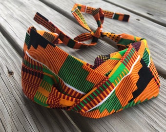 Kente Turban Headband  ~ Orange Green ~   Adjustable ~ Fine Cotton ~ Handcrafted ~ Boho