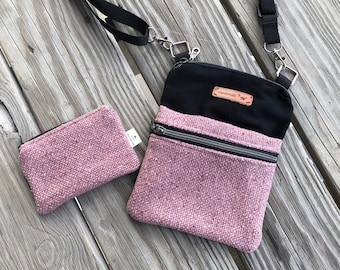 Ensemble assorti ~ Mini sac à bandoulière et pochette à pièces ~ pour smartphone, voyage, carte d’identité, argent ~ artisanal ~ Boho ~ vintage Tweed Linen