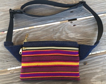 Fanny Pack ~ Denim  ~ 8.5 in x 5 in ~ for Waist & Crossbody  ~ for Smartphone, Travel, ID , Cash, Passport ~ Guatemalan Cotton