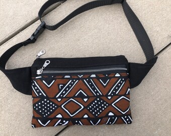 Geometric Fanny Pack ~ Canvas ~ 8.5 in x 5 in ~ Waist & Crossbody ~ 2 Zipper Pockets ~ for Smartphone, Travel, ID , Cash, Passport ~ African