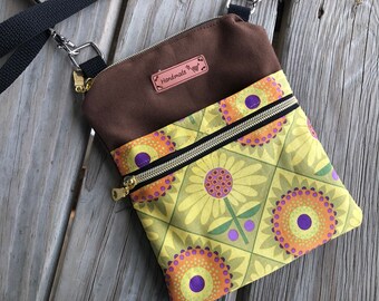 Mini Crossbody Canvas  Bag ~ for Smartphone , Travel, ID, Cash ~ 2 Zipper Pouch Bag~ 6.5 in x 8 in ~ Handcrafted ~ Boho Kaffe Fassett