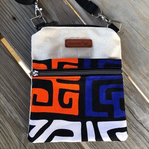 Mini sac en toile à bandoulière Kuba ~ pour smartphone, voyage, carte d'identité, espèces ~ 2 pochettes à fermeture éclair ~ 6,5 x 20 cm ~ Artisanal ~ Bohème ~ Africain