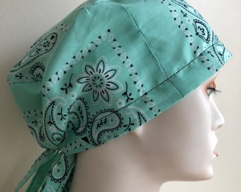 Bandana Surgical Cap ~ Cotton ~ Headscarf ~ Turquoise Paisley ~ Medical / Chemo Headwear ~ Scrub Hat ~ Food Service ~ Unisex