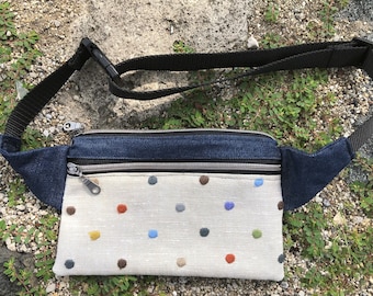 Polka Dot Fanny Pack ~ Canvas~8.5 in x 5 in ~ Minimalist Belt Bag ~ 2 Zipper Pockets~ for Smartphone, Travel, ID , Cash, Passport ~ Hip Sack