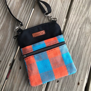 Mini Crossbody Canvas Bag ~ für Smartphone, Reisen, Ausweis, Bargeld ~ 2 Reißverschluss-Beutel-Tasche ~ 16,5 in x 8 in ~ Handgefertigt ~ Boho ~ Kariert