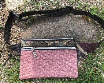 Tweed Fanny Pack ~ Canvas  ~ 8.5 in x 5 in ~ Minimalist Belt Bag ~ 2 Zipper Pockets ~ for Smartphone, Travel, ID , Cash, Passport ~ Hip Sack