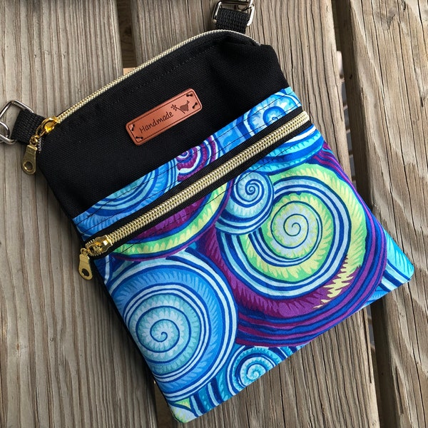 Mini Crossbody Canvas  Bag ~ for Smartphone , Travel, ID, Cash ~ 2 Zipper Pouch Bag~ 6.5 in x 8 in~ Boho Kaffe Fassett ~ Spiral Shell