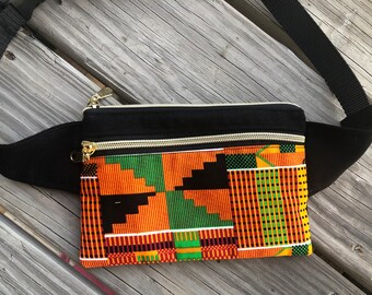 Kente Fanny Pack ~ Canvas  ~ 8.5 in x 5 in ~ Minimalist Belt Bag ~ 2 Zipper Pockets ~ for Smartphone, Travel, ID , Cash, Passport ~ Hip Sack