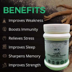 Puede incluir: Un tarro blanco de polvo de Ashwagandha de Herbs Lake. La etiqueta presenta un dise&ntilde;o verde y blanco con el texto "Ashwagandha Powder Withania Somnifera" y "Decrease Fatigue & Stress Increase Immunity Power". El tarro est&aacute; sobre una superficie marr&oacute;n.
