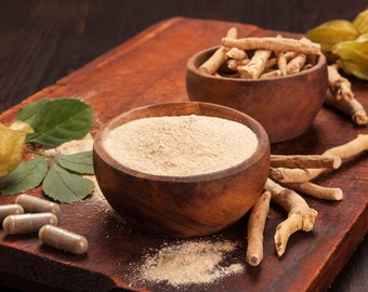 Polvo de raíz de ashwagandha, Withania Somnifera, hierba ayurvédica para té y batidos.