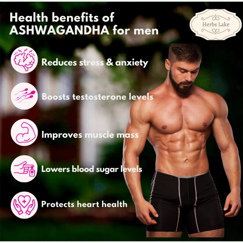 Puede incluir: Una infograf&iacute;a con un hombre musculoso en el centro y cinco c&iacute;rculos rosas con iconos y texto que describen los beneficios para la salud de Ashwagandha. El texto dice "Beneficios para la salud de ASHWAGANDHA para hombres" y "Herbs Lake".