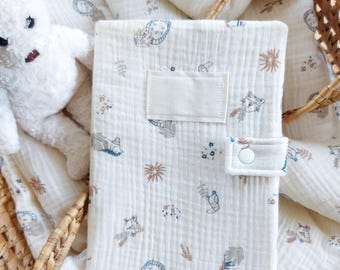 Customizable baby and child health record book cover in cotton gauze