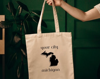 Custom Michigan City and State Tote Bag, Michigan Gift, Michigan Vacation, Housewarming Gift, Mitten State, Mitten State Tote