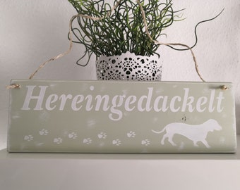 Wooden sign *Heinegedackelt* green and white in shabby vintage style, handmade dog dachshund paws