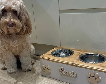 Handmade and personalised raised Dog feeder, single and double pet feeding station. complete with bowls - wood - bespoke sizes