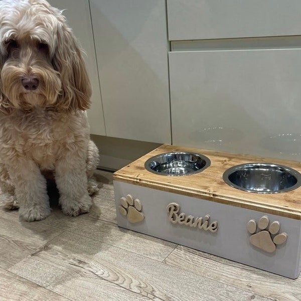 Handmade and personalised raised Dog feeder, single and double pet feeding station. complete with bowls - wood - bespoke sizes