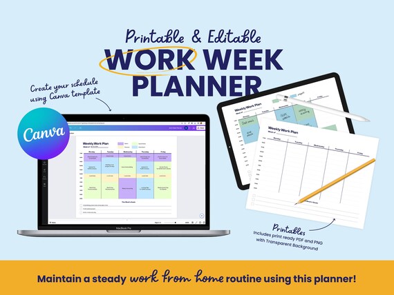 Work From Home Weekly Routine Planner Canva Template and Printable, Compatible with Procreate and Bullet Journal Apps