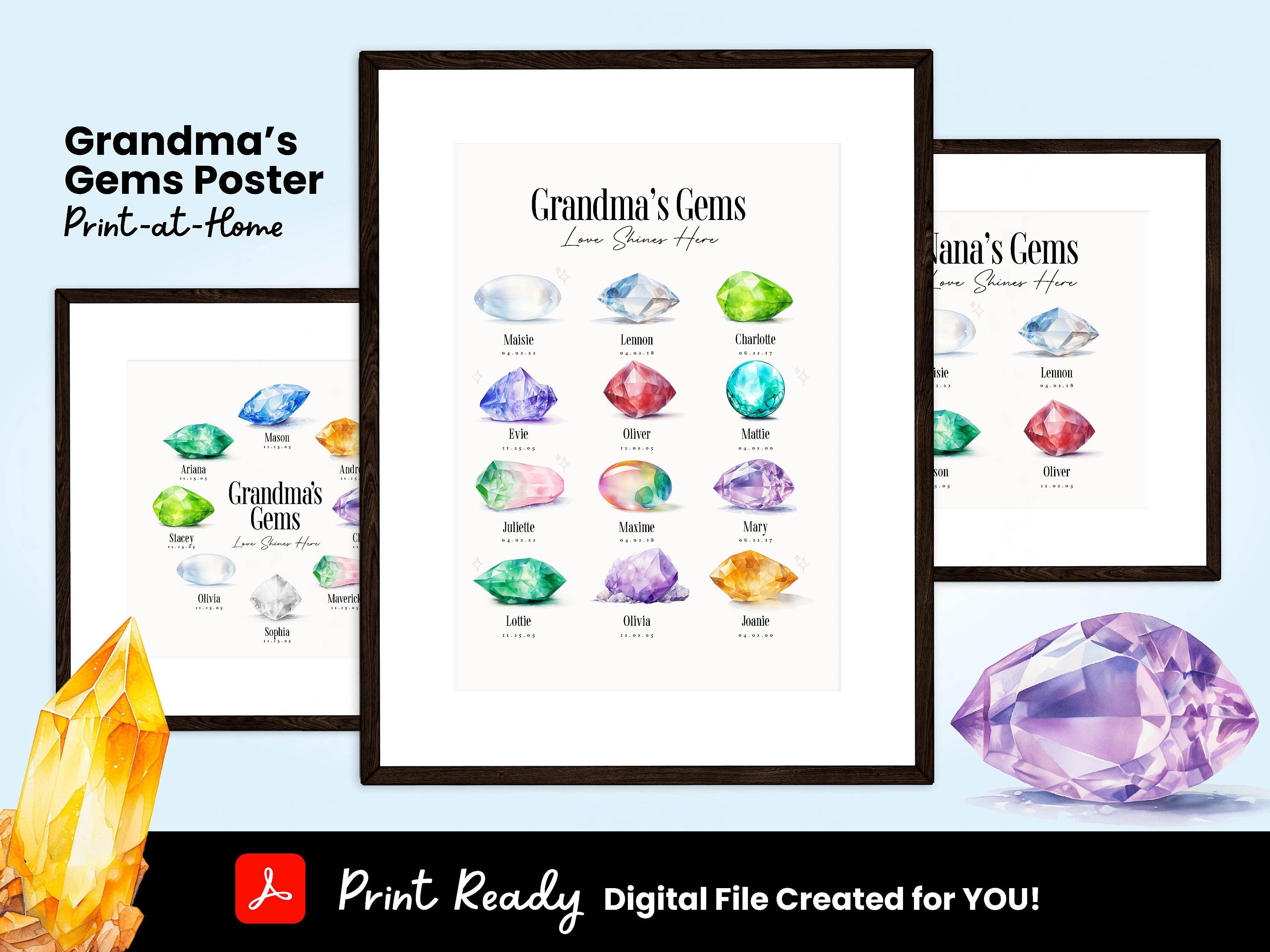 Personalized Gems Watercolor Birthstone Digital Print - Custom Family ...