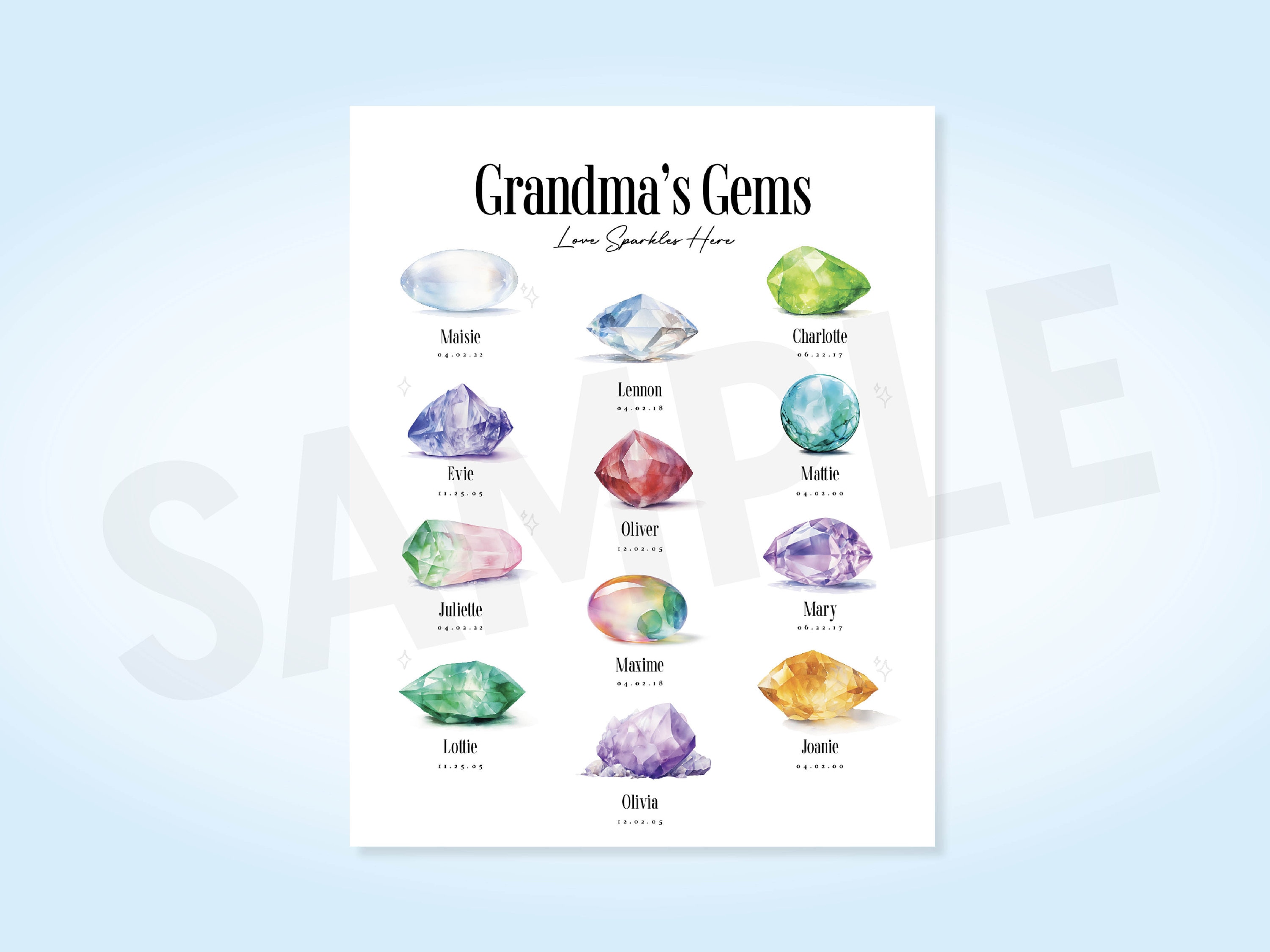 Personalized Gems Watercolor Birthstone Digital Print - Custom Family ...