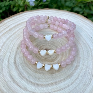 Mother of Pearl Heart Beaded Bracelets, Pink Rose Quartz Gemstone Jewelry, Custom Heart Charm Bracelet, Gift for New Mom