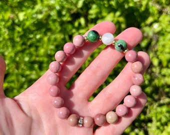 Handmade Rhodonite Beaded Bracelet – Natural Stone Jewelry – Boho Gemstone Bracelet for Women, Gift
