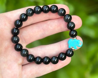 Black Obsidian Bracelet – Turquoise Elephant, Boho Gemstone Jewelry, Valentine's Gift