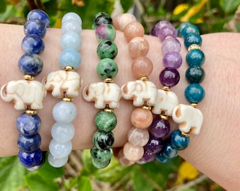 Gemstone Beaded Bracelet with White Turquoise Elephant Charm