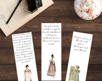 Könnte beinhalten: Drei Lesezeichen mit Illustrationen von Frauen in Vintage-Kleidern. Die Lesezeichen zeigen Zitate über Liebe, Familie und Entscheidungsfindung. Der Text auf den Lesezeichen lautet: "I can hardly write. I am very inslank henging something. which werpowers me. You sink your voice, bal Ican lislingaish the loner of thal voice when they would be lool on others. Tor good, los cocellent crenbare!"  "Award, a lock, will be enough to decide whether I enter your father's house this evening or never."  "For you alone, I think and plan. theve you not veen this?"