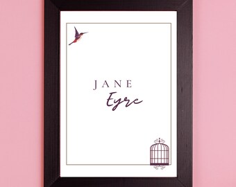 Charlotte Brontë Jane Eyre, A2 digitale print, printbare poster, cadeau voor boekenliefhebbers. Literaire poster, muurillustratie.