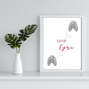 Charlotte Brontë Jane Eyre, cartel imprimible A4 con impresión digital, regalo para amantes de los libros. Regalo de boda, regalo de graduación, bibliomanía.