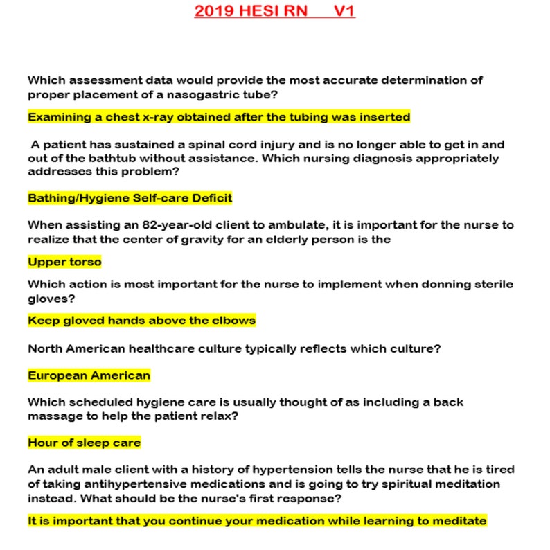 2019 HESI RN FUNDAMENTAL v1 Nursing Exam questions with Etsy