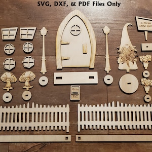 Gnome Door and Accessories SVG DXF PDF Bundle Laser Cut Files Instant Download Fence Mushrooms Flowers Gnome