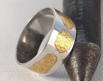 engagement wedding silver band ring with 24K gold ,unisex silver and gold ring band,handcrafted sterling silver ring,24K gold decorated ring