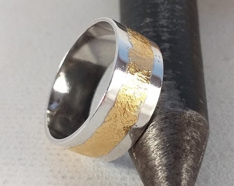 wedding silver bandring with 24K gold ,organic shape gold handcrafted silver ring,organic 24K gold bandring,mixed metal gold silver ring