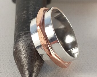mixed metal band ring,sterling silver and copper ring,dimpled ring,hammered bandring,unisex band,recycled ring,hand forged ring,ring all day