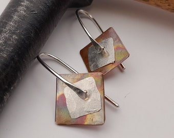 handmade sterling silver and copper dangle earrings,square copper and silver earrings,artisan mixmetal earrings,dotty earrings,gift for her