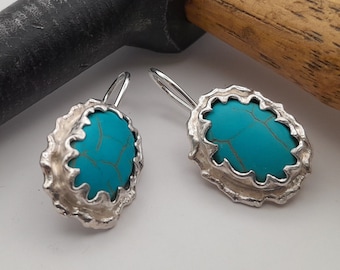 Pendientes de plata de ley hechos a mano con turquesa, diseño original, pendientes de turquesa y plata, pendientes de piedra azul, regalo para damas de honor