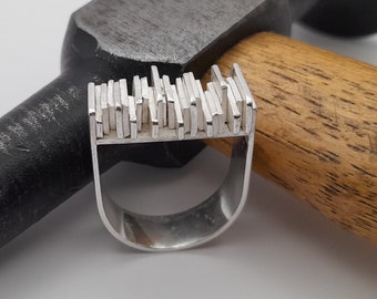 modernist ring,unique silver gift,unisex ring,artisan handcraftedring,hallmarked 925,abstract ring,designed ring,attractive industrial ring
