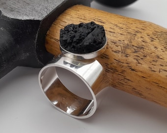 volcanic stone handmade sterling silver ring with natural original design,raw shape lava stone ring,handcraft black volcanic stone ring