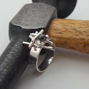 statement silver ring with dark pearl,modern pearl ring,originl designed ring,handmade silver ring,dark pearl ring,artisan handcrafted ring