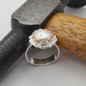 handcrafted silver ring with natural pearl,natulal pearl ring,gift for mom,statement silver ring,asymetric ring,alternative engagement ring