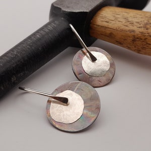 sterling silver and copper dangling earrings original handmade jewelery,round drop artisan earrings,handmade earrings,elegant art earrings